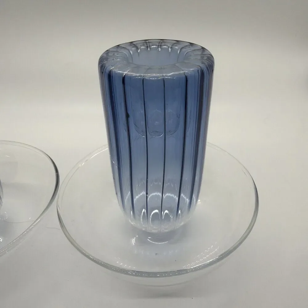 Anthropologie Calle Collection Blue Ribbed Candle Holders Pair